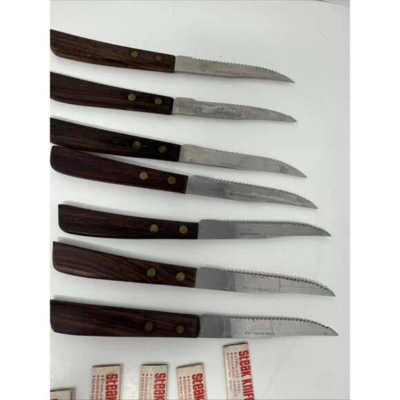Vintage Quikut 15pc Wood Brown Handle Serrated Blade Steak Knife Set LOT OF 15 - Picture 6 of 8